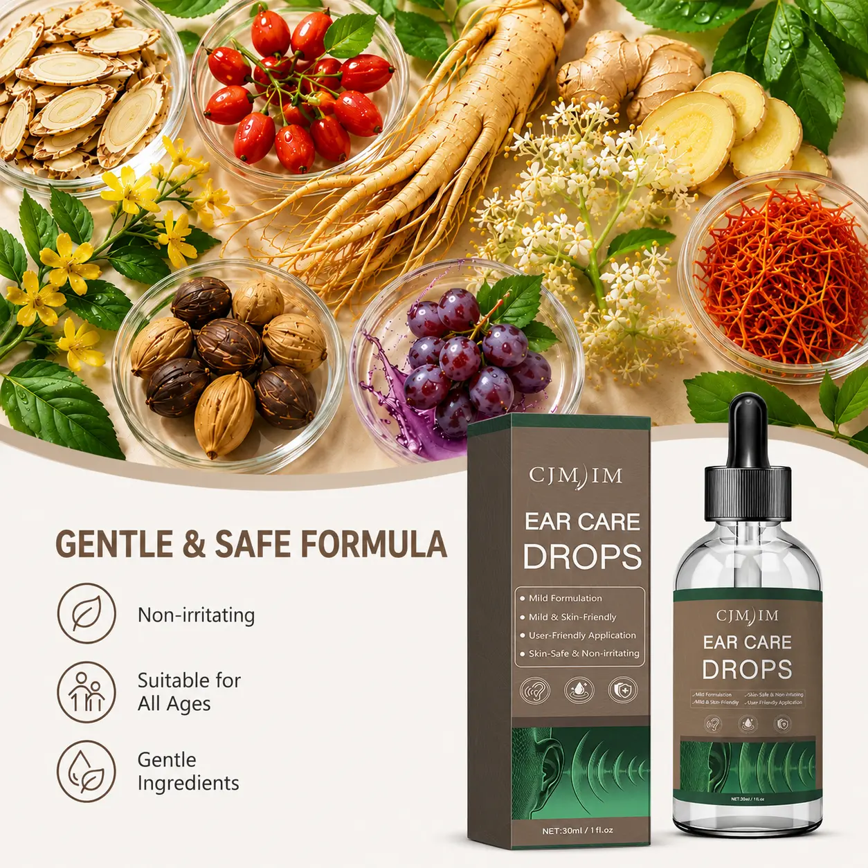 CJMJIM Ear Care Drops 30ml, Ear Cleaning Drops for Daily Ear Hygiene, Gentle Earwax Removal Drops, Helps Soothe Ear Discomfort & Ringing, Non-Irritating Ear Drops, Supports Ear Health, Easy-to-Use Portable Ear Care Solution for Adults