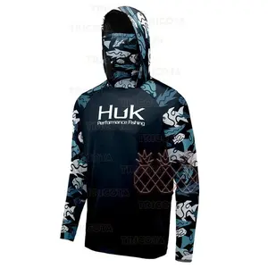 UPF 50+ Long Sleeve Hooded Face Cover Fishing Shirts Quick Dry Sweatshirts Breathable UV Protection Men Fishing Jerseys