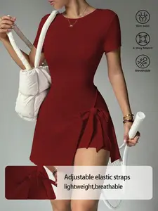 Women's Sporty Outdoor Tennis Dress, Perfect for Tennis Exercises, Skirt with Shorts and Short Sleeves, All Seasons Wear