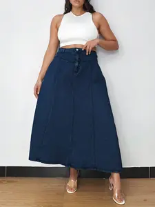 Plus Size Women's Fashion Versatile Elastic Denim Long Dress, Loose Fit Casual Mid-Length Dress for Dating Skirts