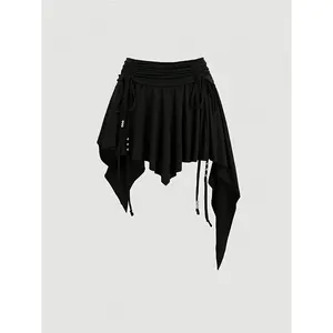 Women's autumn new western-style denim style beach casual adjustable drawstring waist asymmetric hem mini skirt Y2K, fashionable and comfortableRAIMENTRY