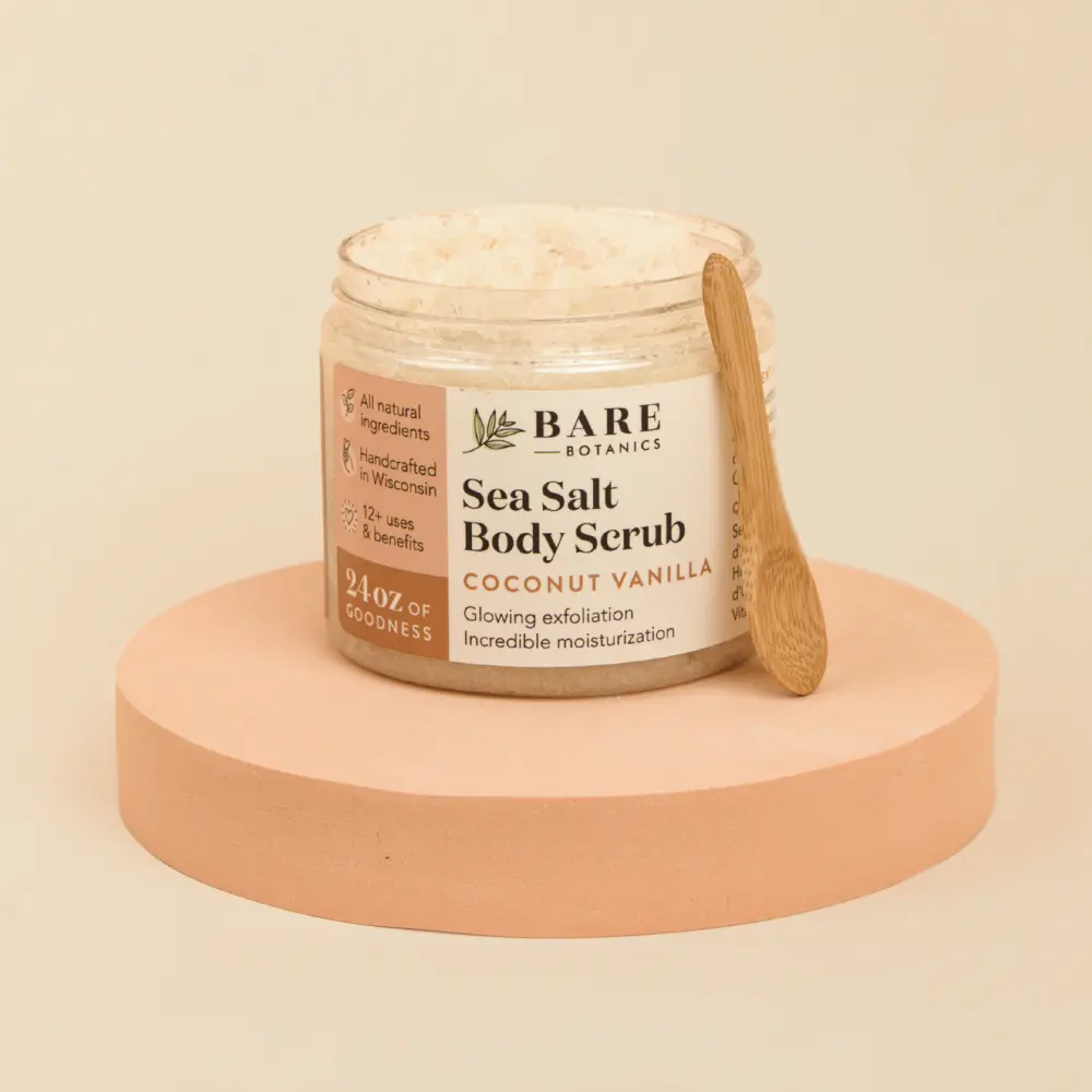Bare Botanics All Natural Sea Salt Body Scrub 24 oz Coconut Vanilla, Double Exfoliating & Ultra Moisturizing Hydrating Skin Polish with Jojoba, Argan & Shea Butter, Vegan & Cruelty-Free