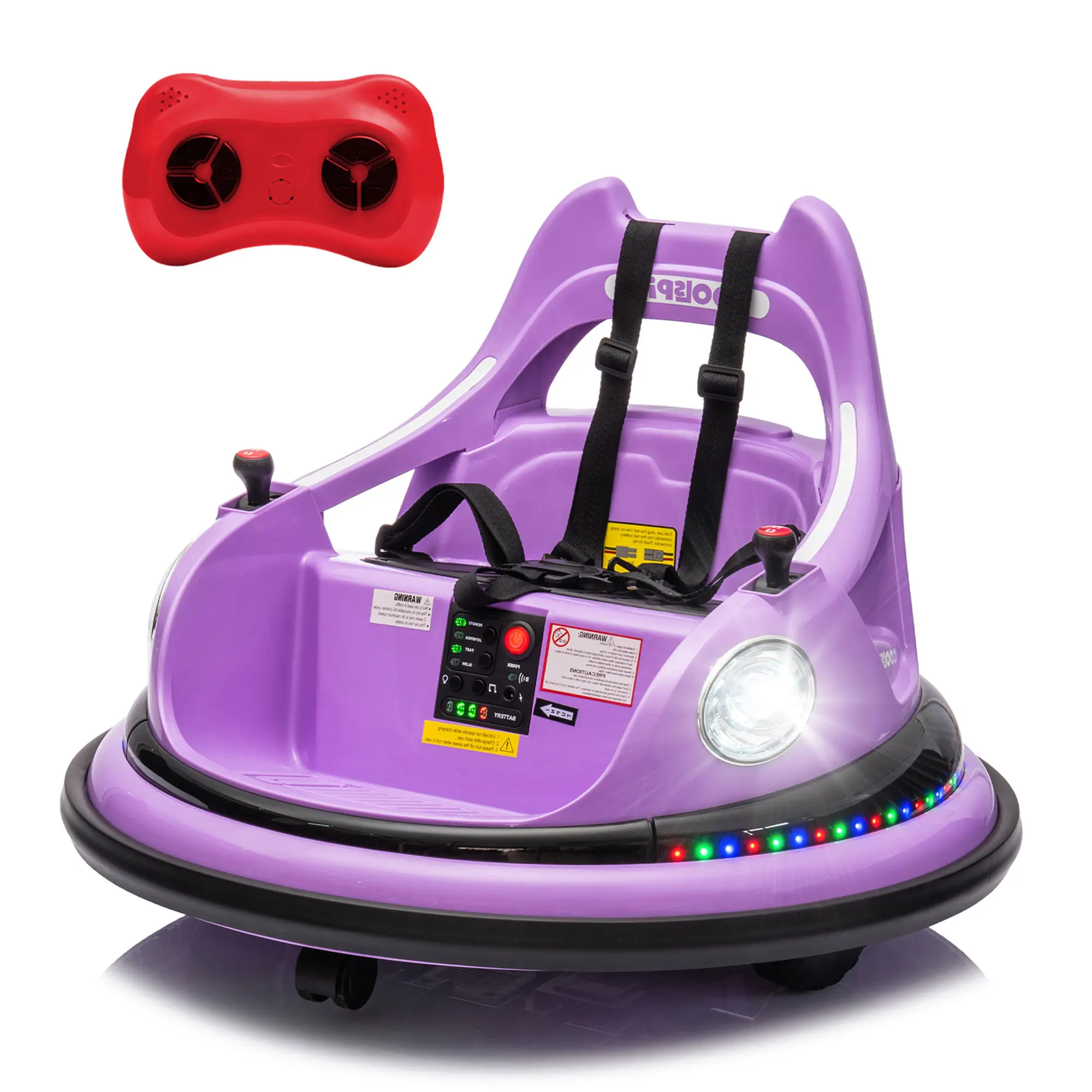 12V Kids' Ride-On Bumper Car - Remote Control Kart, Electric 2WD, 360-Degree Spin, LED Lights, Bluetooth, Anti-Collision Padding, 5-Point Safety Belt, ASTM CPC Certified