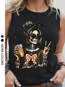 Women's Casual Skull Print Round Neck Sleeveless Fitted Knit Tank Top, Comfortable Daily Wear Vest, Fashionable Summer, Perfect for Spring & Summer