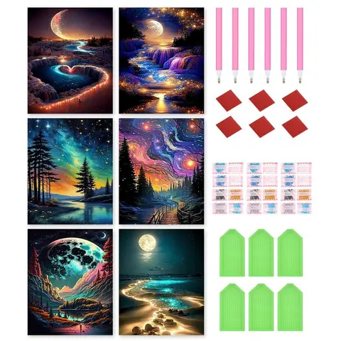 Moon & River & Forest Pattern DIY Diamond Arts Colorful Painting Kit without Frame, 6 Counts/set DIY 5D Diamond Arts Colorful Painting Kit, Wall Art Decor for Home