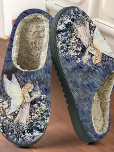 Night Floral Elf Cotton Slippers, Fantasy Fairy Tale Style, Plush Lined Anti-Slip Thick Sole, Home Warm Winter Shoes