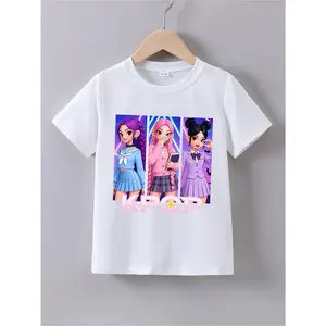 1Summer Short-Sleeve T-Shirt for Girls Featuring a "K-POP Girl Student" Cartoon Print - a Casual Round-Neck Shirt with Adorable Chibi Characters And Prints, Perfect for Anime Fans. It Can Be Hand-Washed Or Dry-Cleaned, Has a Regular Fit