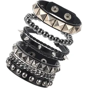 4 count Leather Rock Studded Bracelets, Punk PU Leather Spike Bracelet for Men Women, Leather Cuff Bracelet 80s Wristband Set Adjustable Emo Punk Accessories Grunge Bracelet for Men Women