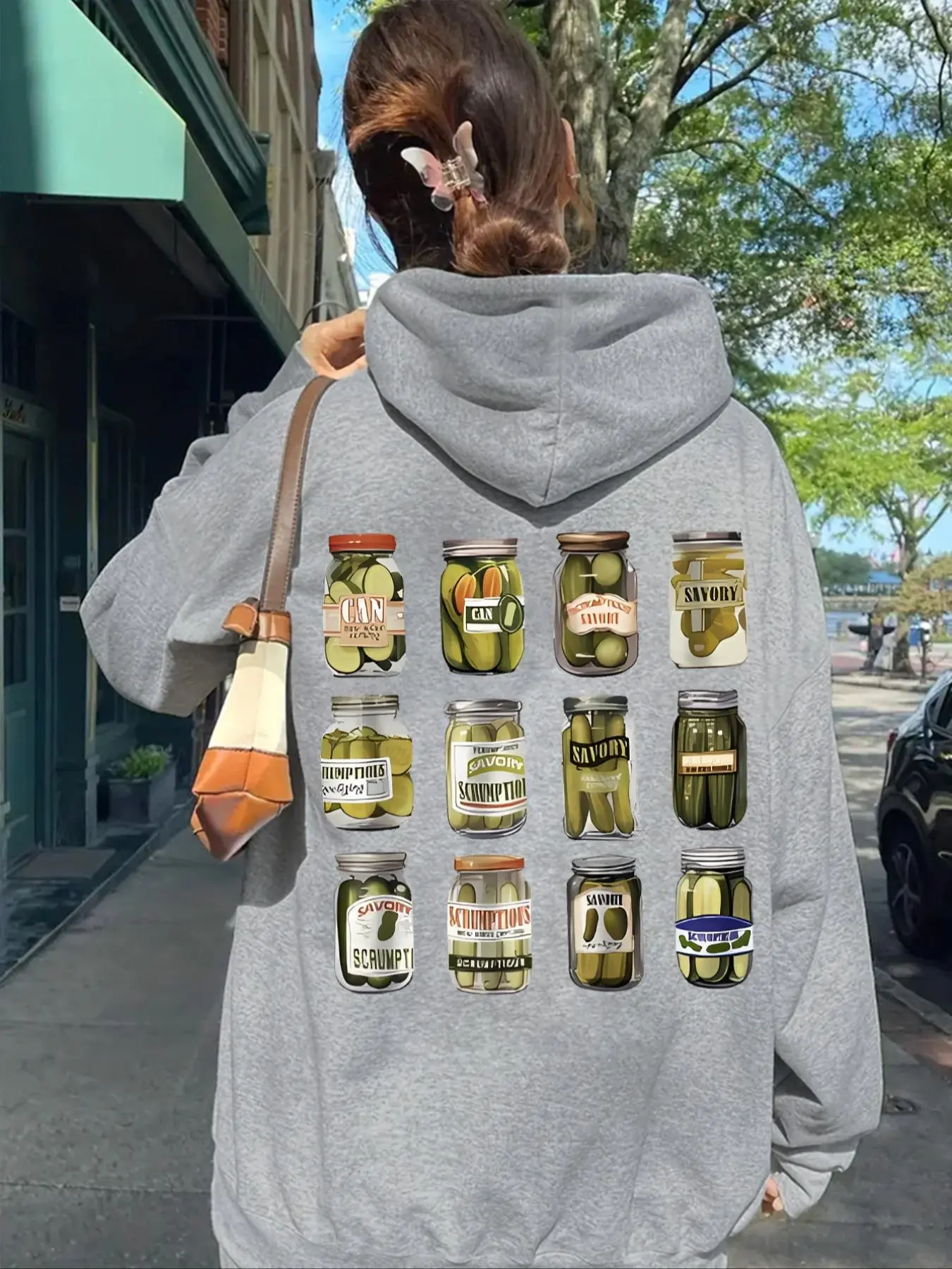 Women's Pickle Jar Print Drop Shoulder Hoodie, Fashion Casual Drawstring Pocket Hooded Sweatshirt for Daily Holiday Outdoor Wear, Women Clothing for Fall & Winter