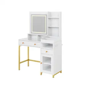 Large Makeup Dressing Table with Power Outlet, 2 Drawers, 1 Cabinet & Open Storage Shelves, plus Lighted Mirror – White Vanity Desk for Bedroom, Women, Girls.
