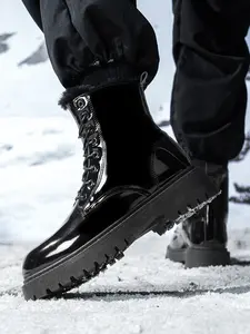 Unisex Shiny Fleece-Lined Work Boots: Shiny Leather, Plush Lining, Height Boost Platform. For Snow Trips/Winter Styling