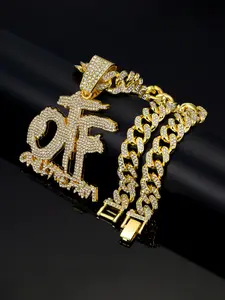 Hiphop Otf Letter Zircon Pendant Necklace, Alloy Cuban Chain, Cuban Link Chain, Street Trendy Art Culture Jewelry, Fashion Personalized Accessory