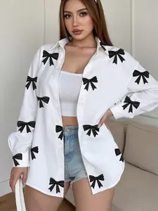 Women's Butterfly Print Drop Shoulder Long Sleeve Shirt, Casual Button Front Blouse, Top, Fall Fashion, Comfortable Youthful Style, Bow Shirt