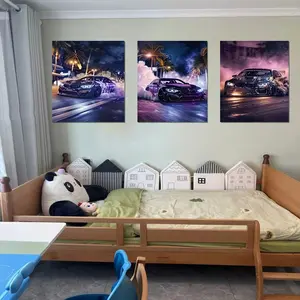 Cyberpunk Car Canvas Art Set, Unframed Neon Racing Wall Decor, Boys Room Living Room Background Painting, Street Race Atmosphere Mural, Modern Home Decor