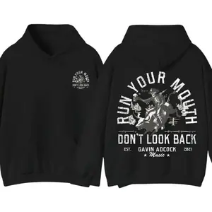 Gavin Adcock "Run Your Mouth" Hoodie, Bull Rider Graphic Country Music Sweatshirt, Western Cowboy Style Pullover, Trendy Unisex Country Concert Gear, Don't Look Back Graphic Hoodie, Made In USA