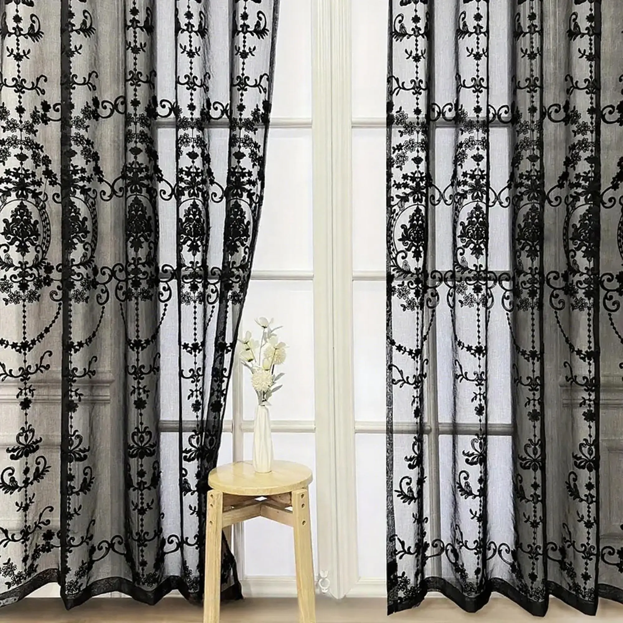 Vintage Floral Embroidered Lace Window Home Decoration Curtain Fabric, Privacy Protection & Light Filtering, Minimalist Style Drapes, Embroidered Curtains