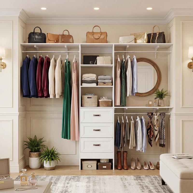 8FT Closet System with 3 Curved Drawers, 96'' Wooden Walk-in Closet Organizer with 3 Top Shelves, Adjustable Organizer System with 3 Hanging Rods, Built-in Wardrobe Storage Rack for 4-8 ftB, Storage Furniture, Modern Armoire Wardrobe