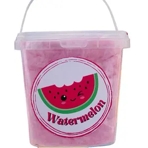 Freshly-made Watermelon Flavored Cotton Candy Snack in a tightly sealed bucket with a handle. Snack Sweet 68 oz bucket Sour Watermelon Cotton Candy Candy