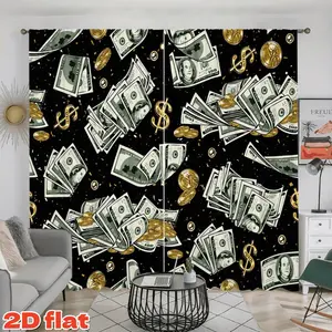 2D Flat 2Pcs Falling Money Bills Curtains, Black Background Dollar Signs & Coins Window Drapes, Home Decoration Curtain, Rod Pocket Style Semi-Sunshade Privacy for Living Room Bedroom Kitchen Home Decor, Anti, Temu Hot Find.