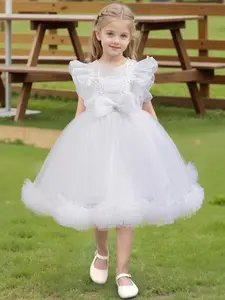 Girls' Embroidered Party Dress, Short Sleeves Fitted Design, Perfect for Special Occasions Like Birthdays & Weddings