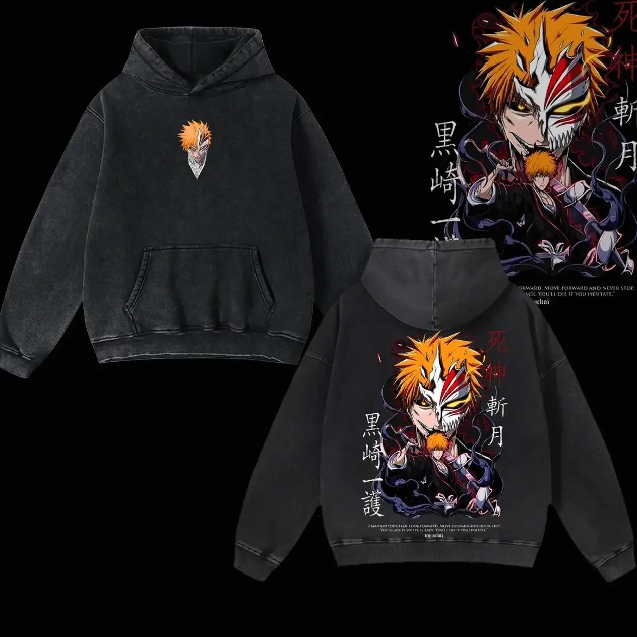 Ichigo Kurosaki Bankai Hoodie, Bleach Hoodie, Anime Double Printed Oversize Lightweight Acid Washed Hoodie, Gift For anime lover, anime merch graphic Hoodies Cotton Fabric L69