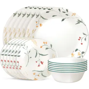 18 Piece Glass Dinnerware Sets Service for 6, Triple Layer Chip & Crack Resistant Glass Plate and Bowl Sets, Wildflower