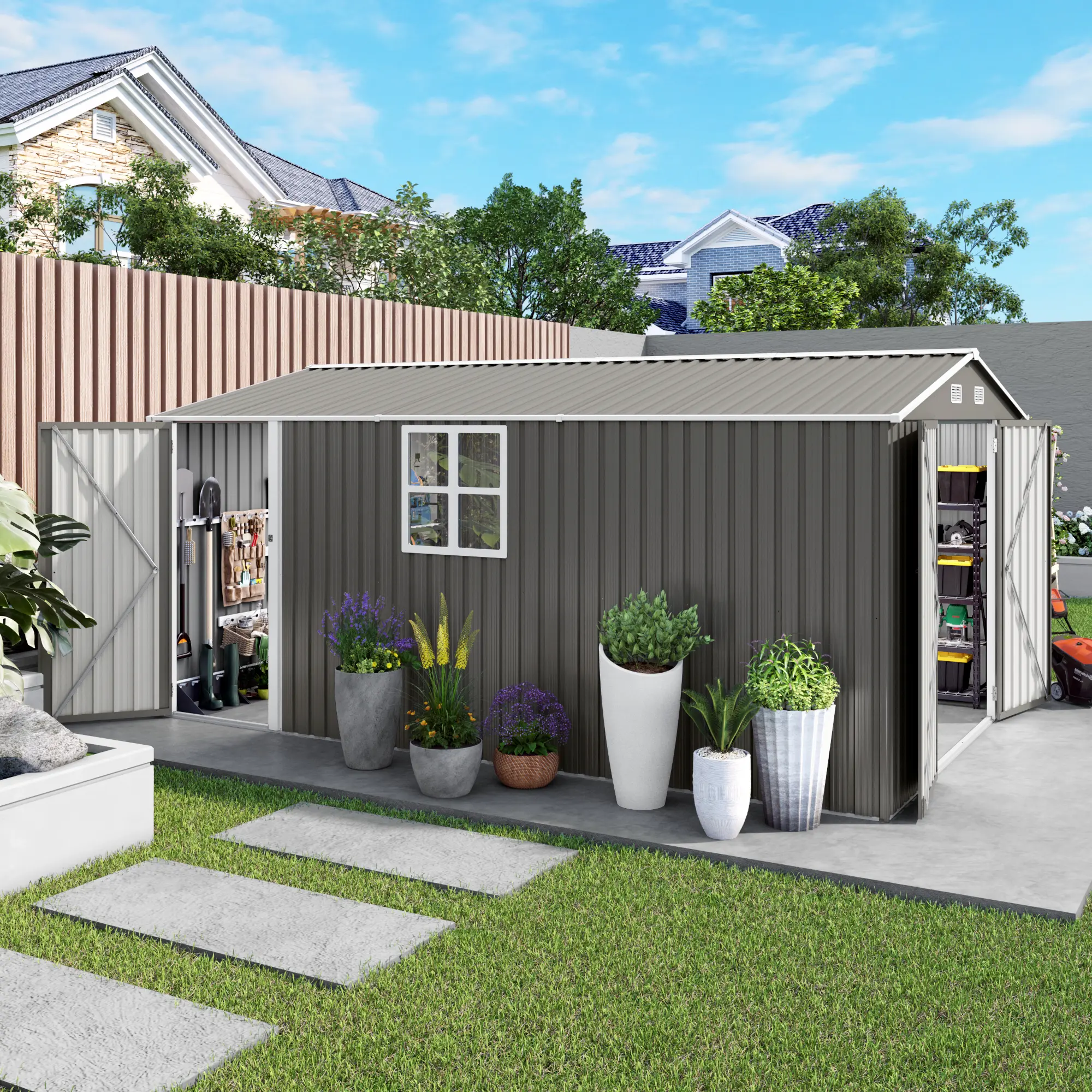 10x14 FT Galvanized Steel Metal Heavy Duty Outdoor Storage Shed - 3 Lockable Doors, Large Transparent Window, Pre-Numbered Parts, Vented Airflow, Assembly Required, All-Weather Unit for Backyard, Patio Outdoor Space, Ideal for Bikes, Lawn Mowers