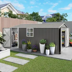 10x14 FT Heavy Duty Metal Storage Shed with 3 Lockable Doors & Window, All-Weather Garden Shed for Backyard & Patio, Ideal for Bikes, Lawn Mowers & Gardening Tools