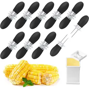 18 Pcs/9 Pairs Black Corn Holders, Stainless Steel Corn Cob Holders for Corn on The Cob, BBQ Fork Skewers with Butter Spreader for Home Cooking, Parties, Camping