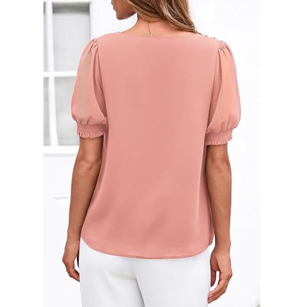 PRETTYGARDEN Womens Tops Dressy Casual Puff Sleeve Chiffon Blouses V Neck Business Work Shirts Summer Fashion Clothing