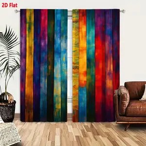 2D Flat 2 Piece Abstract Gradient Color Vertical Striped Curtains, Vibrant Deep Purple Red Blue Golden Yellow Earthy Green Panels with Wavy Textured Blending Gradients, Modern Artistic Multicolor Contrast Window Drapes for Living Room Bedroom, Ligh