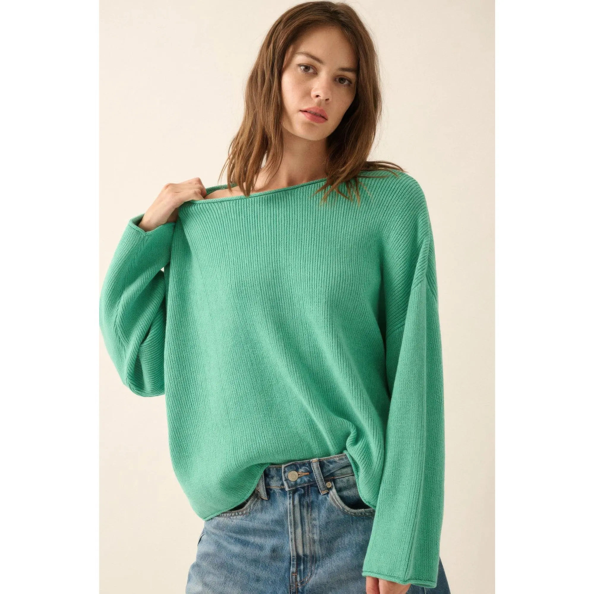 Women's Solid Rib-knit Cotton Oversized Boatneck Long Sleeve Soft Fit 1-Piece Sweater