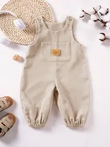 Baby's Plain Overalls with Bear Patch Decor, Casual Soft Comfy Sleeveless Jumpsuit for Summer, Newborn Infant Kids Clothes for Daily Wear, Infant Toddler Clothes
