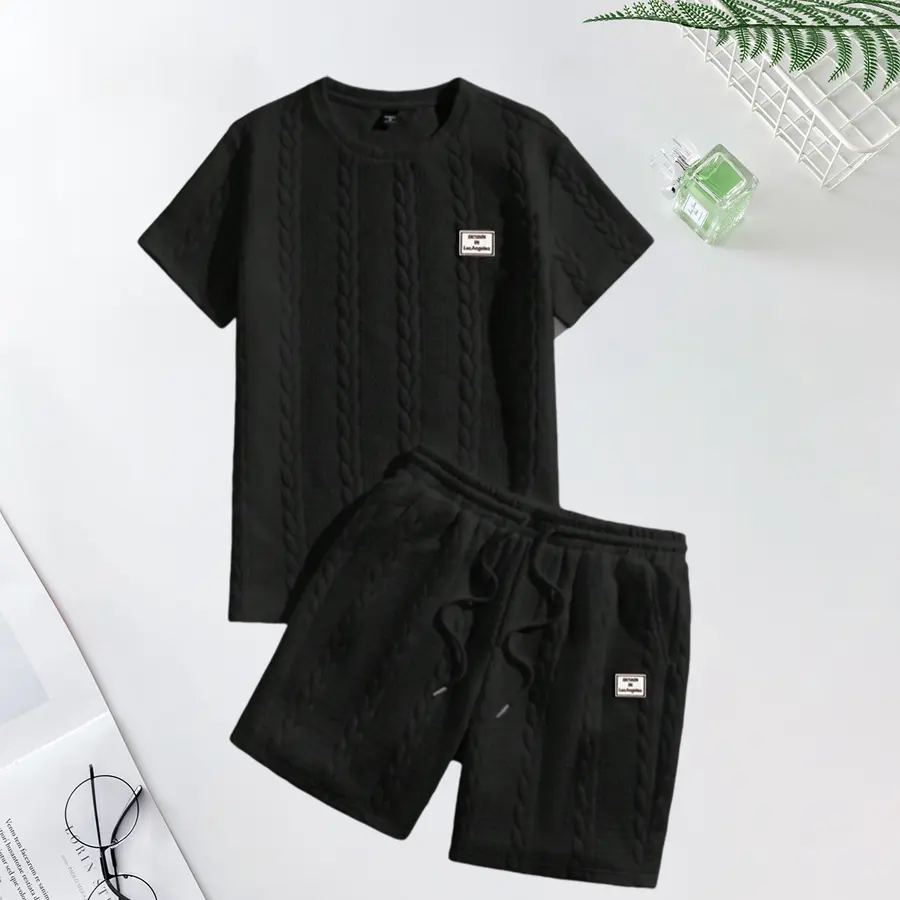 Men's 2-Piece Set, Stylish Solid Streetwear Short Sleeve T-Shirt and Cargo Shorts, Casual Regular Fit Outdoor Outfit with Drawstring Waist, Menswear, Shortsleeve, Streetwear Look, Solid Colors, Outfits, Clothes, Two Piece Sets