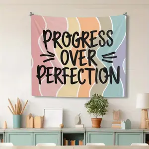 Boho Classroom Tapestry "Progress Over Perfection" - Motivational Teacher Decor with Boho Chalkboard, Skin Fabric Wall Hanging Suitable for Classroom & Room Decor, Positive Affirmation Wall Tapestry