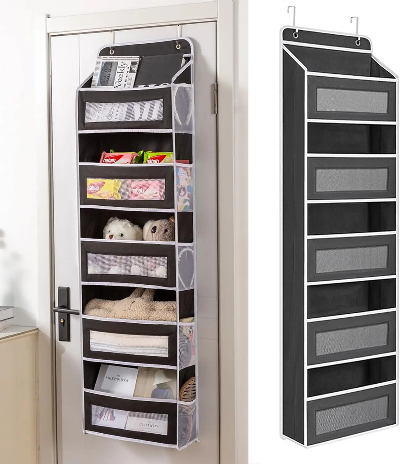 Over The Door Organizer, 5 Large Clear Window Pockets with 10 Mesh Side Pockets, Heavy Duty 44lbs Hanging Storage Organizer for Bedroom, Bathroom, Closet, RV & Dorm