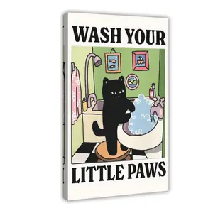 Wash Your Paws Green Cat Print, Cute Bathroom Poster, Wash Room Childrens Washing Up Posters, Kawaii Prints Decor, Unique Cats Art Soft Tone Aesthetic Poster