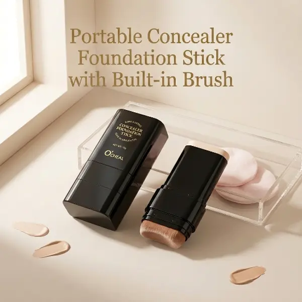 O'CHEAL 2 in 1 Concealer Foundation Stick with Built-in Brush, Full Coverage Waterproof Long Lasting Cream Foundation, Oil Control Sweat Proof Makeup Stick Covers Acne Dark Spots for All Skin Types moisturizer hydrate moisture cosmetic finish 2-in-1