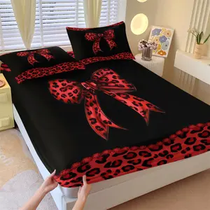 Leopard Print Bow Pattern Bed Sheet, Non Slip, Dustproof And Soft Bedroom And Dormitory Bedding, Suitable For Moving And Daily Holiday Gifts, Including 1 Bed Sheet And 2 Pillowcases