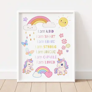 Unicorn Rainbow Nursery Wall Art Affirmations Print, Positive Quotes Kids Decor for Playroom, Printable Pink Girl's Room Poster