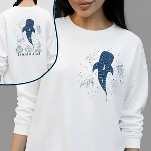 Isaiah 43:2 Bible Verse Whale Shark Sweatshirt for Women & Men, Aesthetic Christian Ocean Life Crewneck, Comfy Oversized Sea Turtle & Jellyfish Graphic Pullover, Inspirational Faith Gift for Her, Warm Top