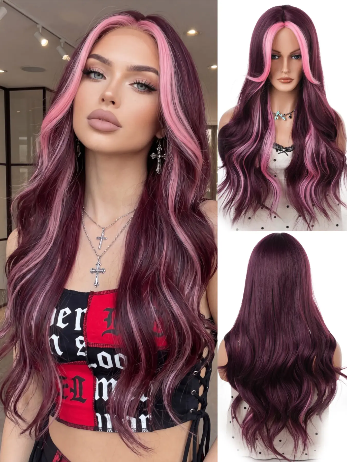 30-Inch Wine Highlights Glow Long Wavy Curly Synthetic Wig for Women, Heat-Resistant Synthetic Fiber, Party & Daily Wear, Millennial Style
