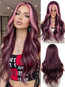 30-Inch Wine Highlights Glow Long Wavy Curly Synthetic Wig for Women, Heat-Resistant Synthetic Fiber, Party & Daily Wear, Millennial Style