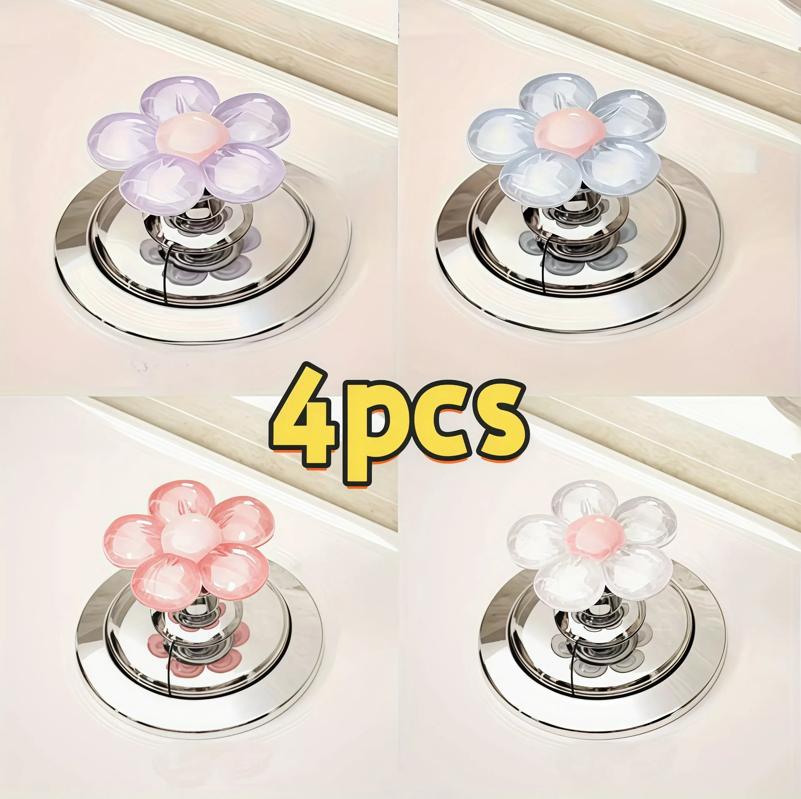 4PCS Cute Transparent Flower Toilet Flush Button Knob, Self Adhesive Decorative Floral Tank Press Handle Sticker, Easy Grip Universal Toilet Push Button Cover, Anti Slip Aesthetic Bathroom Toilet Decor Accessory for Home Restroom Renovation