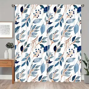 2 pieces of blue and white foliage watercolor pattern curtains, featuring a natural and refreshing style. Suitable for bedrooms, living rooms, and study rooms. The foliage texture decorates the space and achieves a harmonious blend of shading and natural