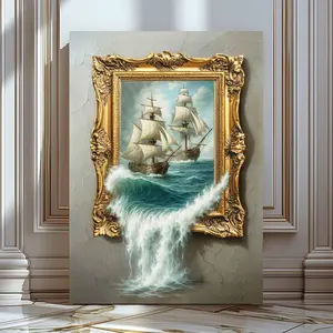 Original Surreal Ocean Ship Wall Art, Whimsical Nautical Illusion Print with Sailing Ships & Crashing Waves, Maritime Oil Painting on Paper, 5 Size, 8x12 to 27x40 inch, Room Decor, Unframed