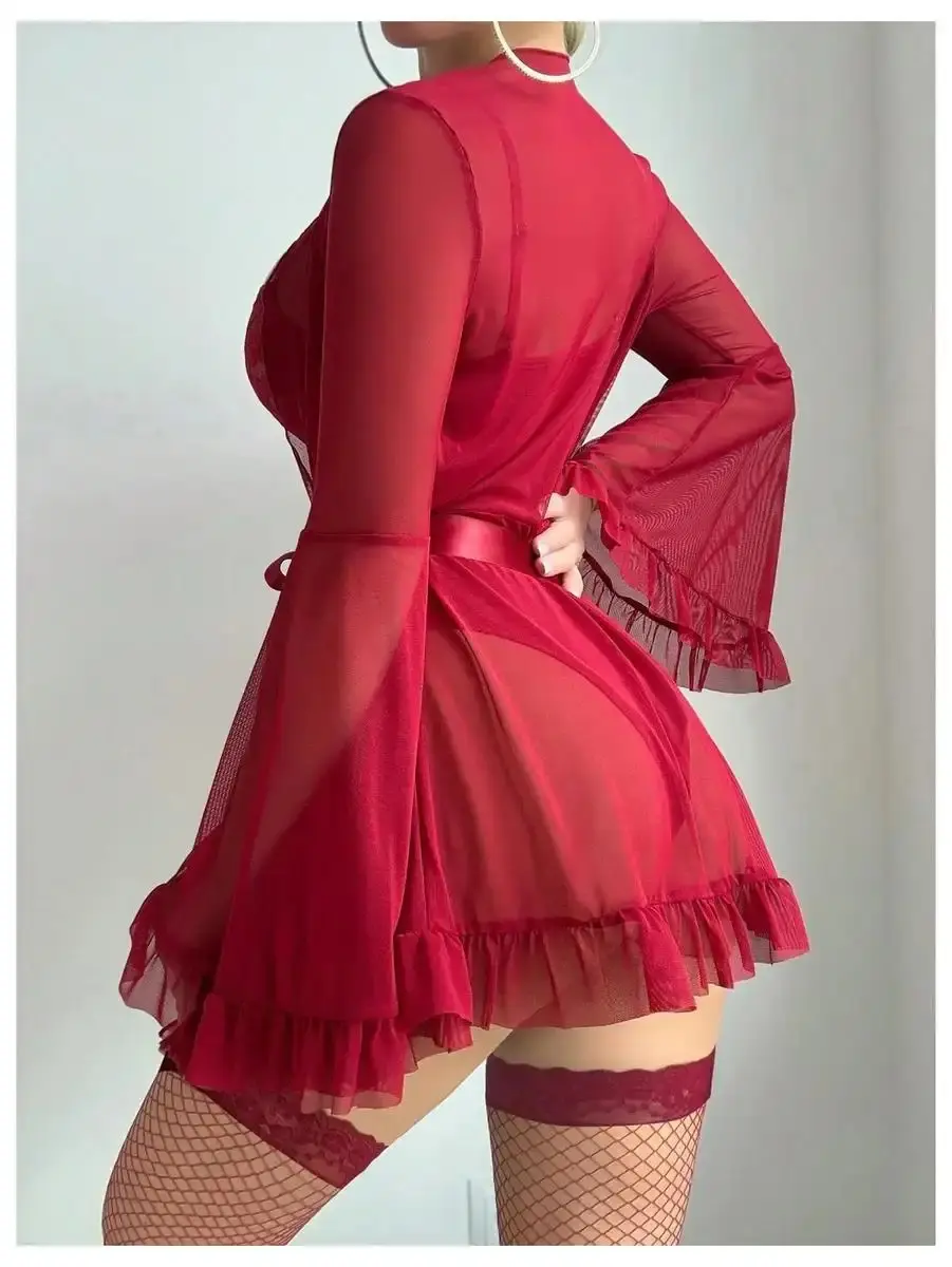 5 Piece Lingerie Set Floral Lace Teddy Bodysuit with Belt Robe Stockings dealsforyoudays