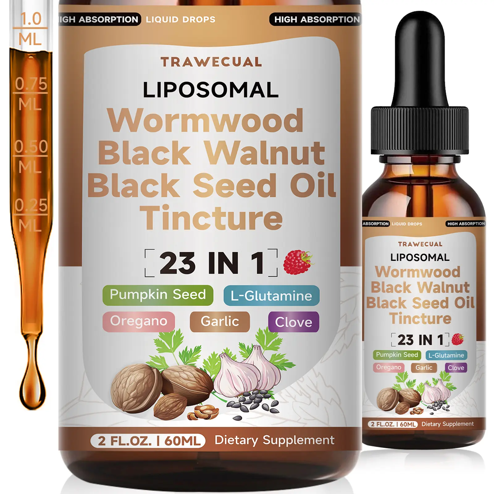 23-in-1 Liposomal Black Walnut & Wormwood Liquid Drops: Oregano Extract for Gut Health, Bloating Relief & Immune Support | Natural Tincture