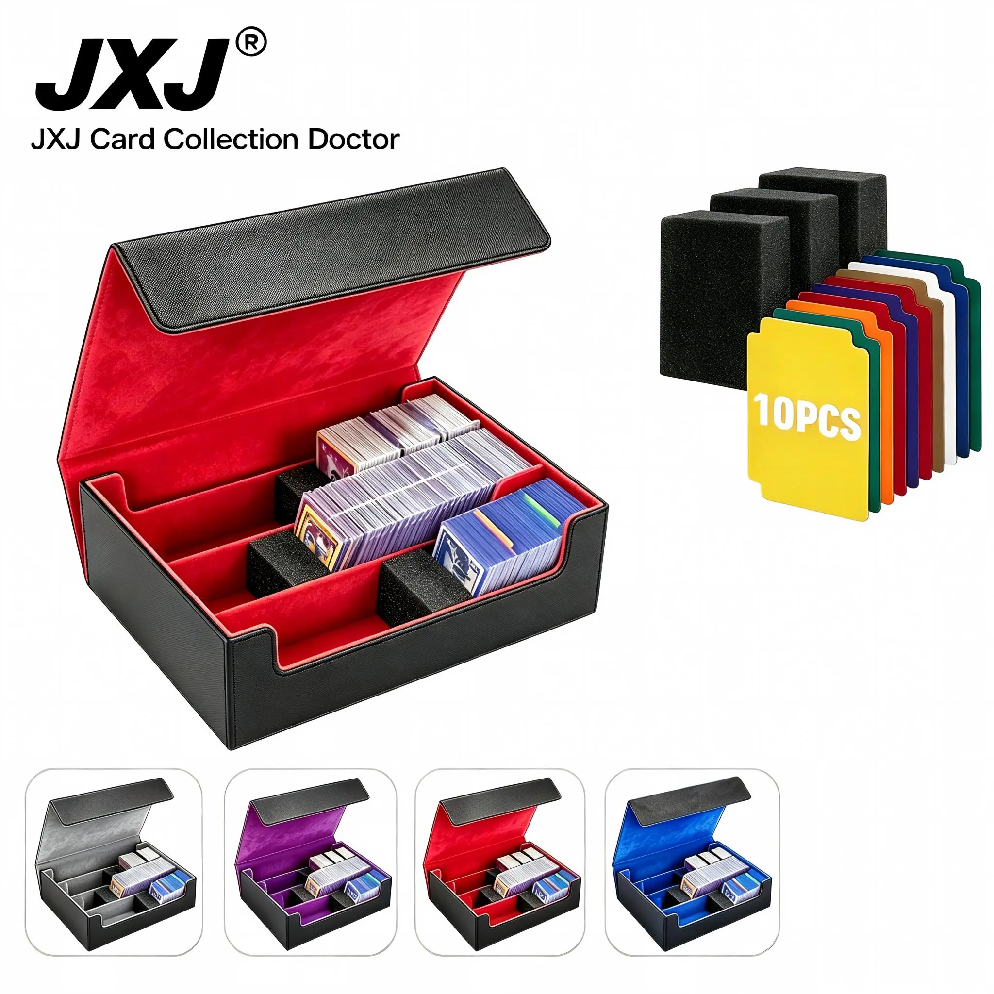 [Large Capacity Card Deck Box] For TCG Trading Cards, Card Storage Box With Red Velvet Liner, Holds 2000+ Cards, PU Leather Card Case With Dividers & Foam Blocks For Magic, Pokemon, Yugioh Fits Toploads Magnetic Card Holders Card Collection Display