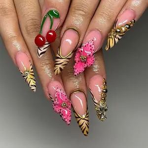 J24 Cherry Press-On Nails, Nude Pink Glossy Design with 3D Decorative Accents, Gold Tone Details, Custom Nails, Gift for Her